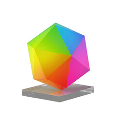 Symmetrical geometric polyhedron with rainbow gradient, illuminated edges, on clear stand, isolated transparent, zero shadows, high-end macro studio shot. Concept of precision, elegance, and artistic