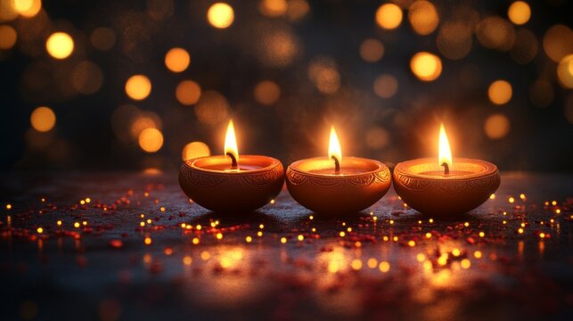 Three burning torches on a dark background with bokeh lights create an atmosphere of celebration and tradition — ideal for content about cultural events, religious holidays, and family celebrations.