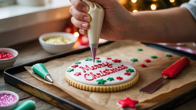 Baker decorating a festive gingerbread cookie with icing to spell 'Merry Christmas' amidst warm holiday lighting.