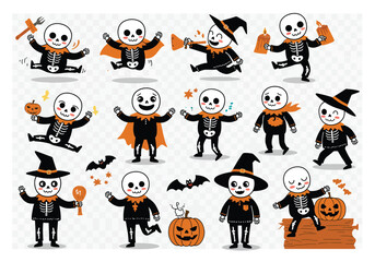 Vector art of skeletons in festive attire play instruments and dance with joy, creating a lively Halloween scene against a clean background the skeletons wear hats and scarves