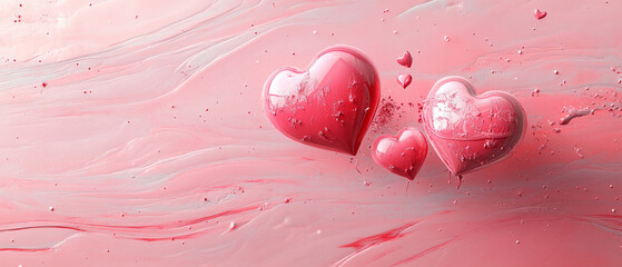 Two shiny hearts on a pink background, symbolizing love and romance, are perfect for designing Valentine's Day cards and banners.