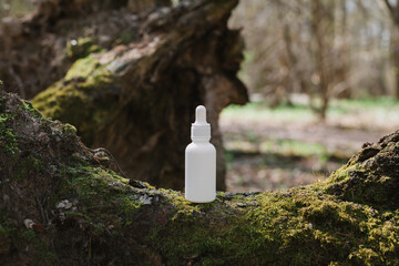 A dark and light glass serum bottle with a dropper, tree bark wood, moss. forest on a sunny day nature background. Concept of skin care, hydration, cosmetic demonstration eco-friendly product mock up