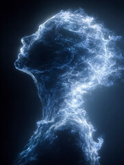 Digital artwork featuring a profile of a human head and shoulders formed with dynamic blue electric-like energy on a black background.