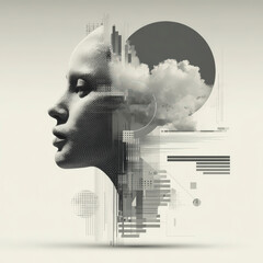 Black and white digital artwork blending a woman's profile with abstract, geometric shapes, and cloud imagery in a circular motif.
