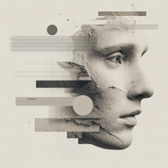Abstract digital art of a classical statue's face fragmented by geometric shapes and lines in a neutral palette.