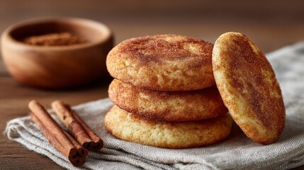 Stack of cinnamon sugar cookies on ceramic plate with cinnamon sticks. Snickerdoodle Cookies with Cinnamon Sugar. Concept of homemade dessert and baking treat