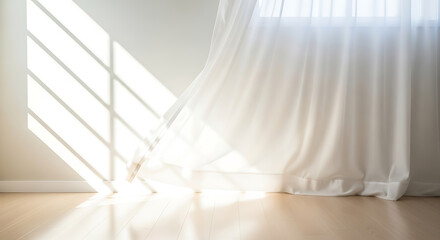 Obraz premium Illustration of sunlight streaming through a sheer white curtain, casting diagonal shadows on a wall and floor