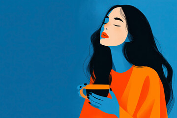 Illustration of a woman in an orange sweater, enjoying the aroma of her coffee, against a solid blue background.