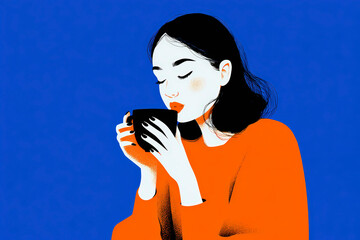 A woman in an orange sweater enjoys a warm drink from a black cup against a stark blue background.