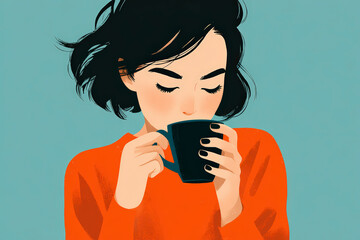 Illustration of a woman with short dark hair, wearing an orange sweater, enjoying a warm beverage from a dark cup.