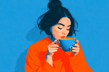 Illustration of an Asian woman in a red sweater, savoring the aroma of a hot drink from a large blue cup.