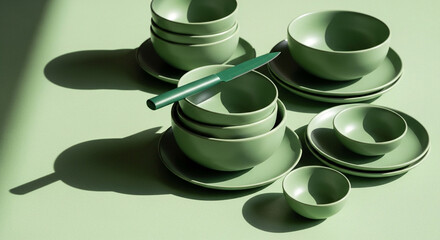 Minimalist Kitchen Scene Featuring Bowls Plates and Diagonal Knife
