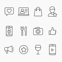 Minimal outline icon collection featuring UGC, social media, shopping, food and lifestyle elements