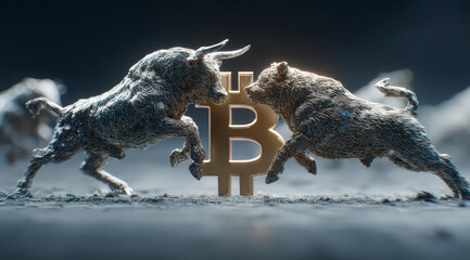 Two metallic bulls clashing horns in front of a large Bitcoin symbol, representing the volatility and rivalry in cryptocurrency markets.