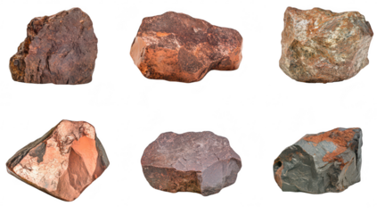 A collection of various rocks and minerals diverse textures. colors. and shapes. set against a clean white background. ideal for educational or geological purposes