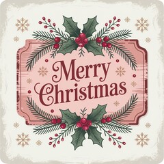 Vintage Merry Christmas card design featuring festive holly and snowflakes in a beautiful pastel color palette.