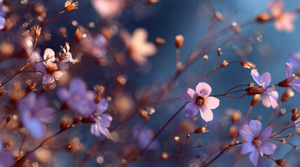 Close-up image of delicate purple flowers with thin stems against a soft, blurred background, conveying a dreamy spring atmosphere.