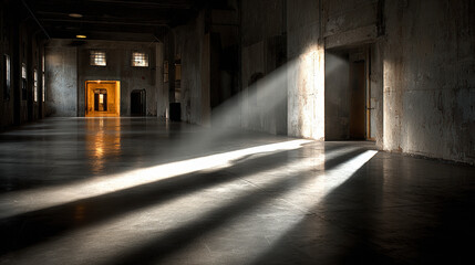 Sunlight beams through windows in a large, empty industrial hall, casting long shadows and highlighting an open distant door.