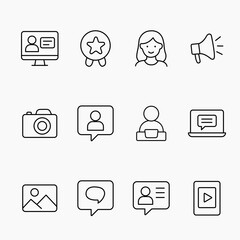Collection of simple outline icons representing UGC, communication, media and lifestyle elements