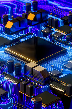 3D microchip with glowing blue circuit