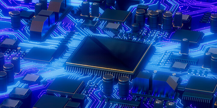 3D processor with glowing motherboard circuit