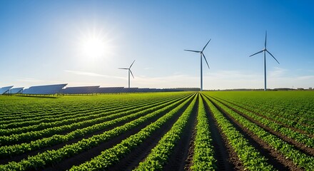Expansive farmland displays neatly planted crops with windmills and solar panels.