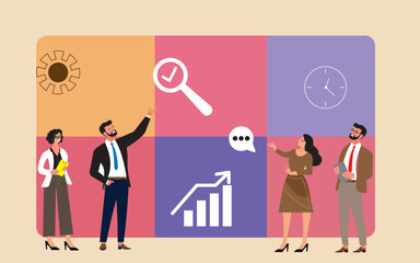 Collaborative Business Strategy Concept – Diverse Professionals Solving Puzzle and Analyzing Performance Metrics in Flat Vector Style.