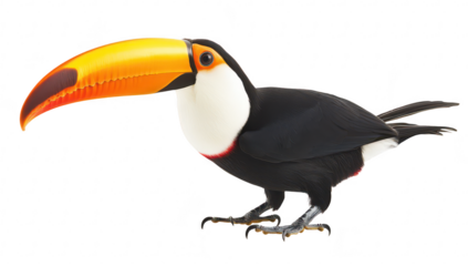 A toucan with a strikingly large orange and yellow beak stands proudly against a white background. its colorful plumage and lively demeanor. perfect for wildlife enthusiasts