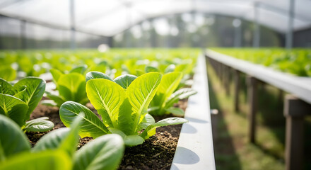 Illustration of rows of young lettuce plants growing in a greenhouse, with a shallow depth of field highlighting the vibrant green leaves and soil