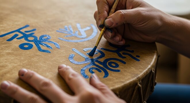 Woman hand painting traditional Native American symbol on drum. Heritage art and craft. Indigenous culture celebration for National Native American Heritage Month.