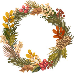 Merry Christmas! Happy New Year! A composition in deep traditional shades with a New Year's holiday theme and botanical elements. Flat digital illustration in a modern style.