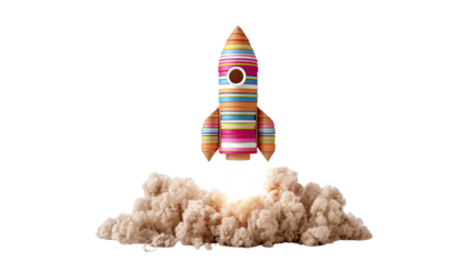 Colorful cardboard rocket toy handmade craft paper spaceship model creative launch decoration children play object illustration isolated on white background