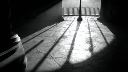 Black and white photo of a sunlit room with shadows cast by a railing, highlighting the texture of the floor.