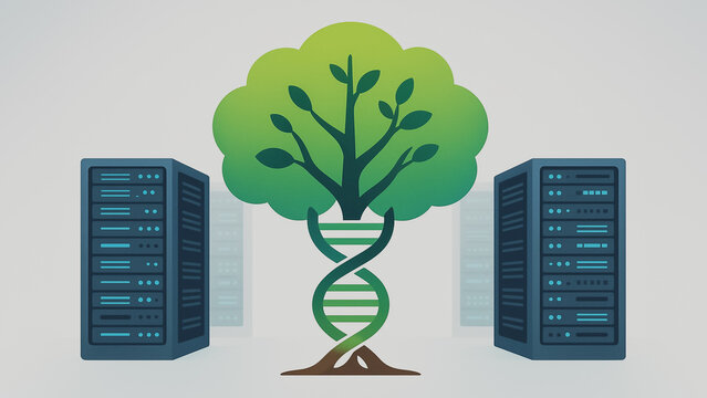An illustration of a data center, with a tree and a DNA helix, symbolizes the growth of sustainable digital infrastructure. the image is carefully crafted with sharp.
