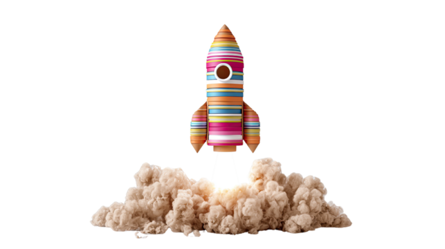 Colorful cardboard rocket toy handmade craft paper spaceship model creative launch decoration children play object illustration isolated on white background