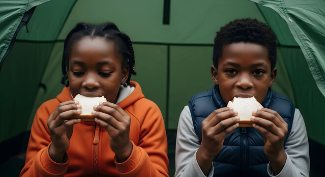Kids enjoying a tasty sandwich inside a tent during a camping adventure siblings nature exploration childhood fun family time outdoor picnic bread food children snack - Powered by Adobe