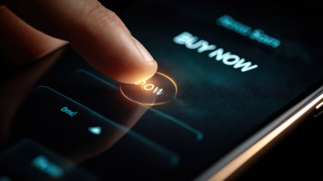 Finger presses "Buy Now" button on phone screen