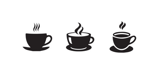 Simple black and white icon of a steaming cup of coffee, mug icon for cafe design,  Vector illustration EPS 10.
