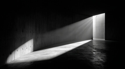 Sunlight streaming through an opening in a dark concrete corridor, casting sharp, contrasting shadows on the surfaces.