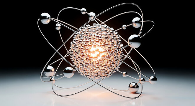 Illustration of abstract representation of an atom with electrons orbiting a nucleus, symbolizing science and technology