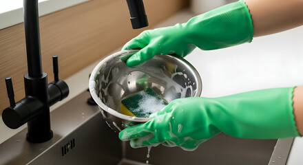 Cleaning dishes with green rubber gloves in a modern kitchen sink sparkling clean and hygienic home chores housework chores kitchen cleaning