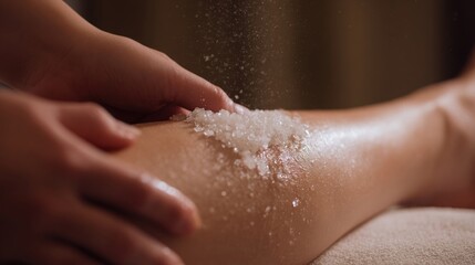 Fototapeta premium Close-Up Spa Treatment Highlighting Calf Care with Sea Salt Scrub and Almond Oil, Tiny Salt Granules Visible, Soft Natural Ambient Glow