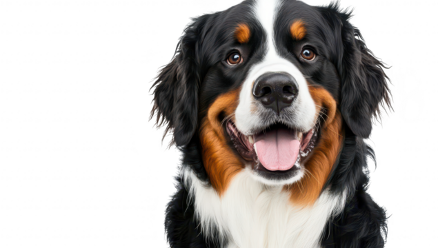 A cheerful Bernese Mountain Dog with a glossy coat and bright eyes poses against a white background. its friendly demeanor and perfect for pet-related content