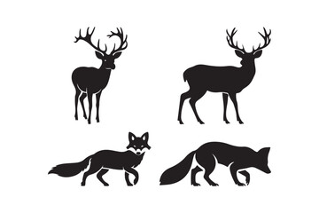 Silhouettes of deer and foxes in a forest setting