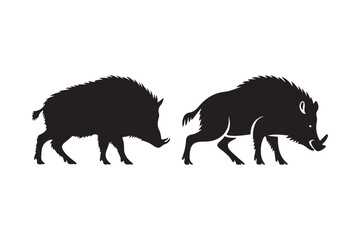 Two black silhouettes of wild boars on a white background