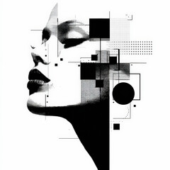 Abstract geometric and halftone design overlaying a partial, monochrome profile of a female face with highlighted features.