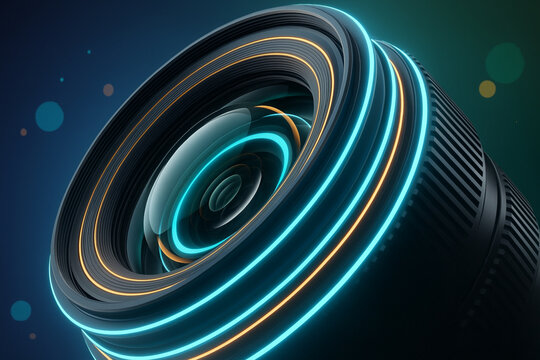 Tilted macro camera lens with neon blue and orange light reflections and soft bokeh circles on dark futuristic background - Powered by Adobe