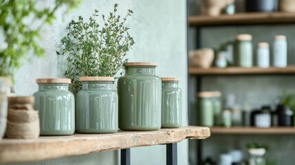 Wooden shelf green containers