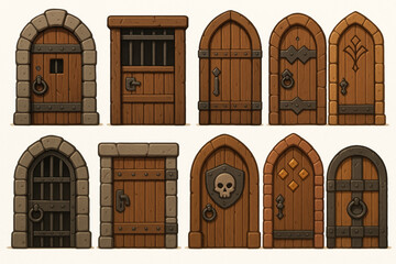 Fantasy Door Illustration with Medieval Designs, Ornate Details, and Stylized Architecture