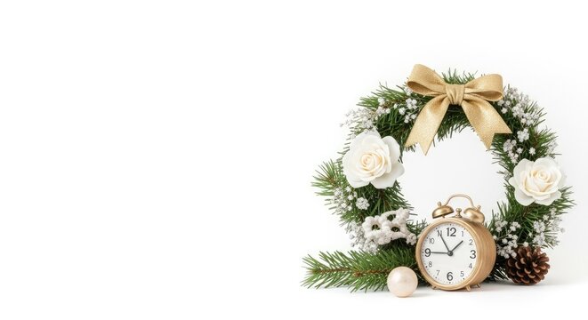 A Christmas wreath with a gold bow and white flowers on a white background. - Powered by Adobe